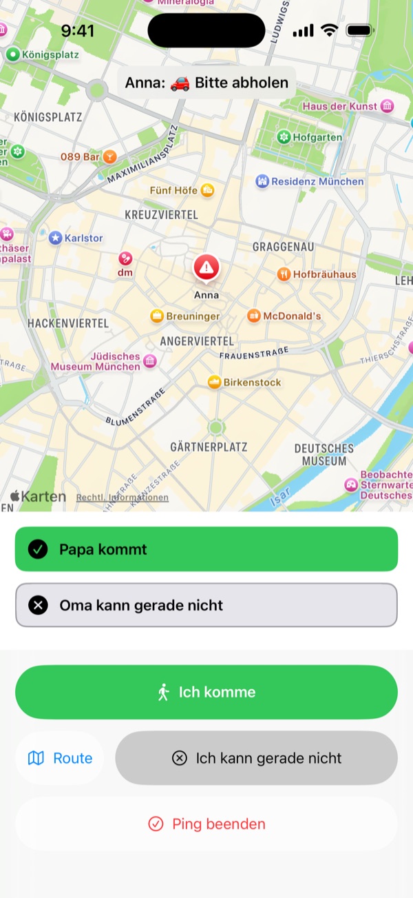 Aktiver Ping – Die Familie sieht Grund und Standort und antwortet mit „Ich komme"