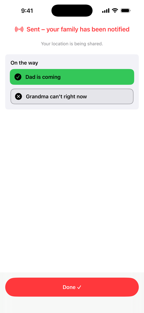 Sender view: “Dad is coming” and “Grandma can't right now”