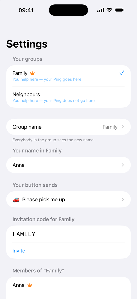Settings: Your groups with Family and Neighbours