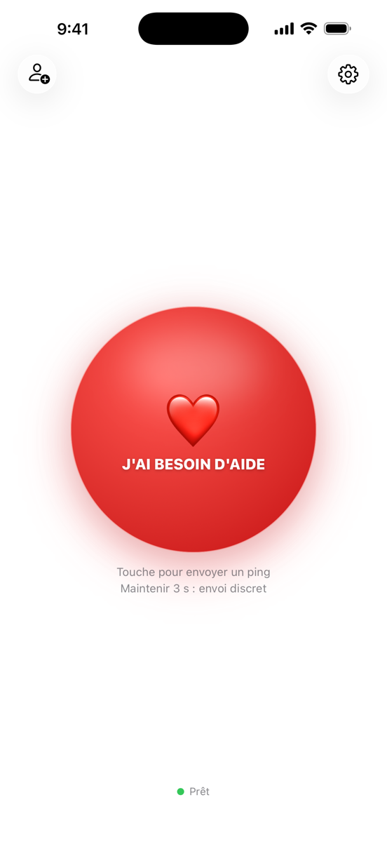 Écran d'accueil de Ping! avec le grand bouton