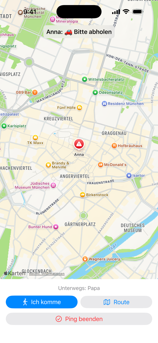 Live-Karte mit Standort, Ich komme und Route