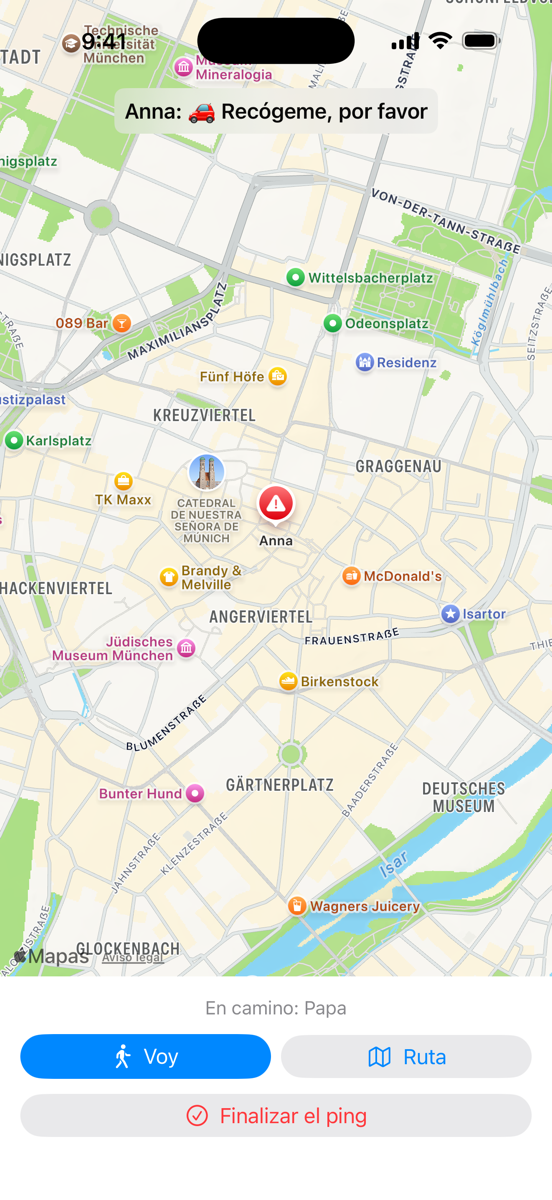 Mapa en vivo con ubicación, «Voy» y ruta