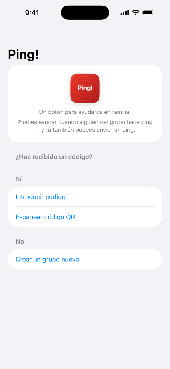 Pantalla de configuración: nombre, motivo del botón, crear o unirse a un grupo