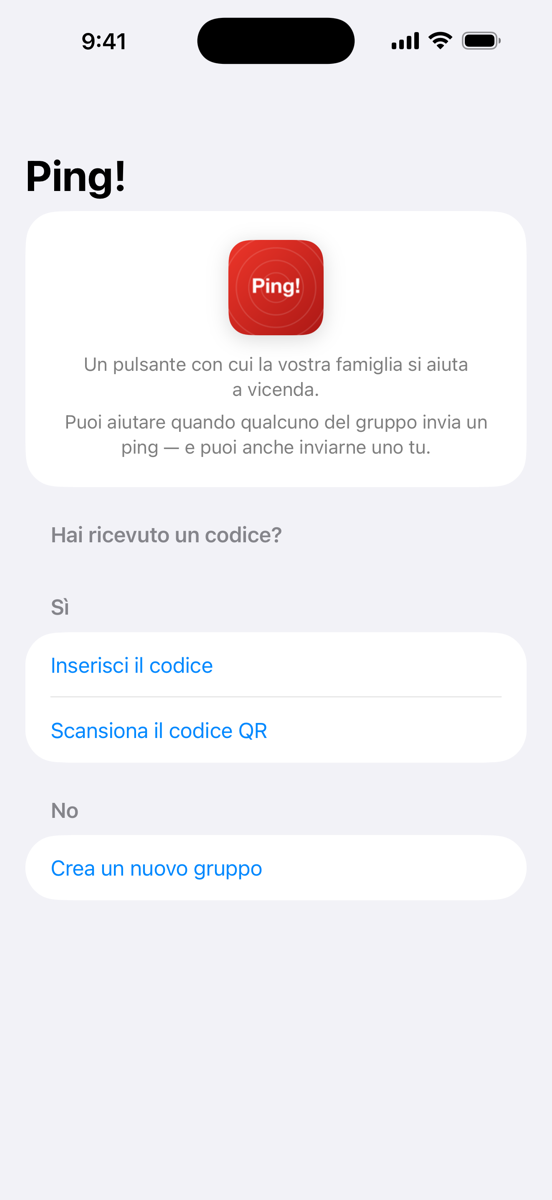 Schermata di configurazione: nome, motivo del pulsante, creare o unirsi a un gruppo
