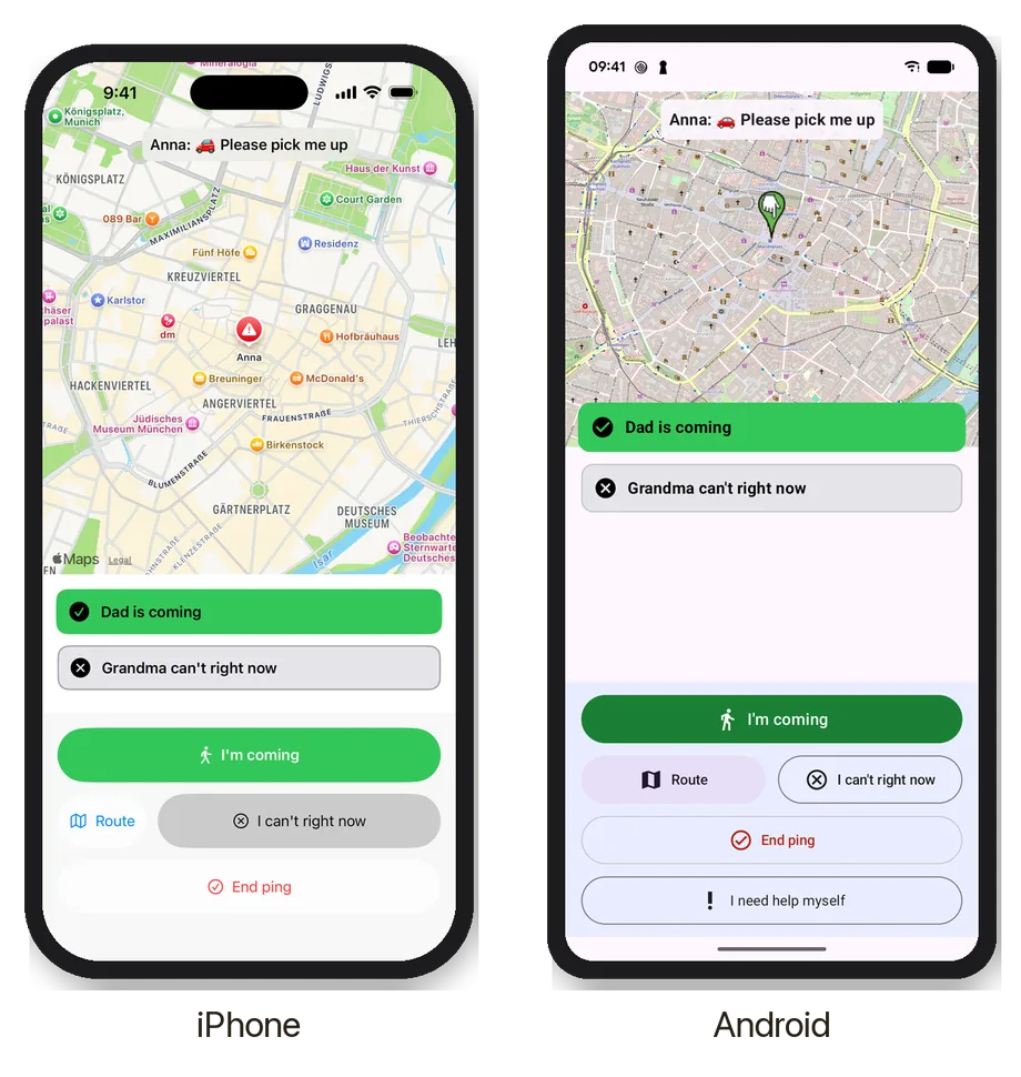 Ping! on an iPhone and an Android phone side by side: Anna asks to be picked up, Dad is coming