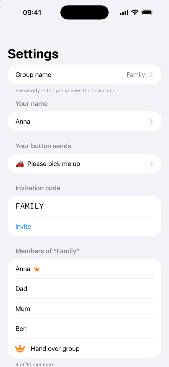 Settings: Group name row with note Everybody in the group sees the new name