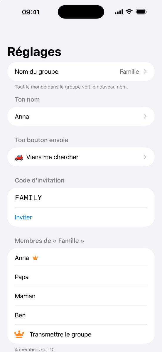 Réglages : ligne Nom du groupe avec la note Tout le monde dans le groupe voit le nouveau nom
